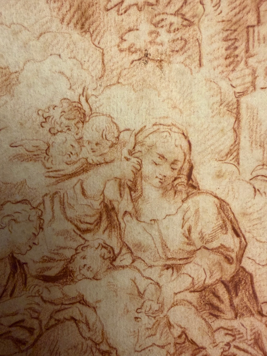 Dessin italien à la sanguine, Vierge à l’Enfant, avec Ste Élisabeth. XVIII éme siècle.-photo-2