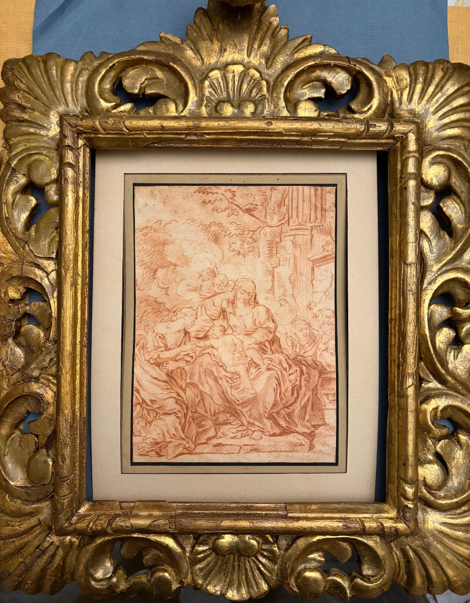 Dessin italien à la sanguine, Vierge à l’Enfant, avec Ste Élisabeth. XVIII éme siècle.