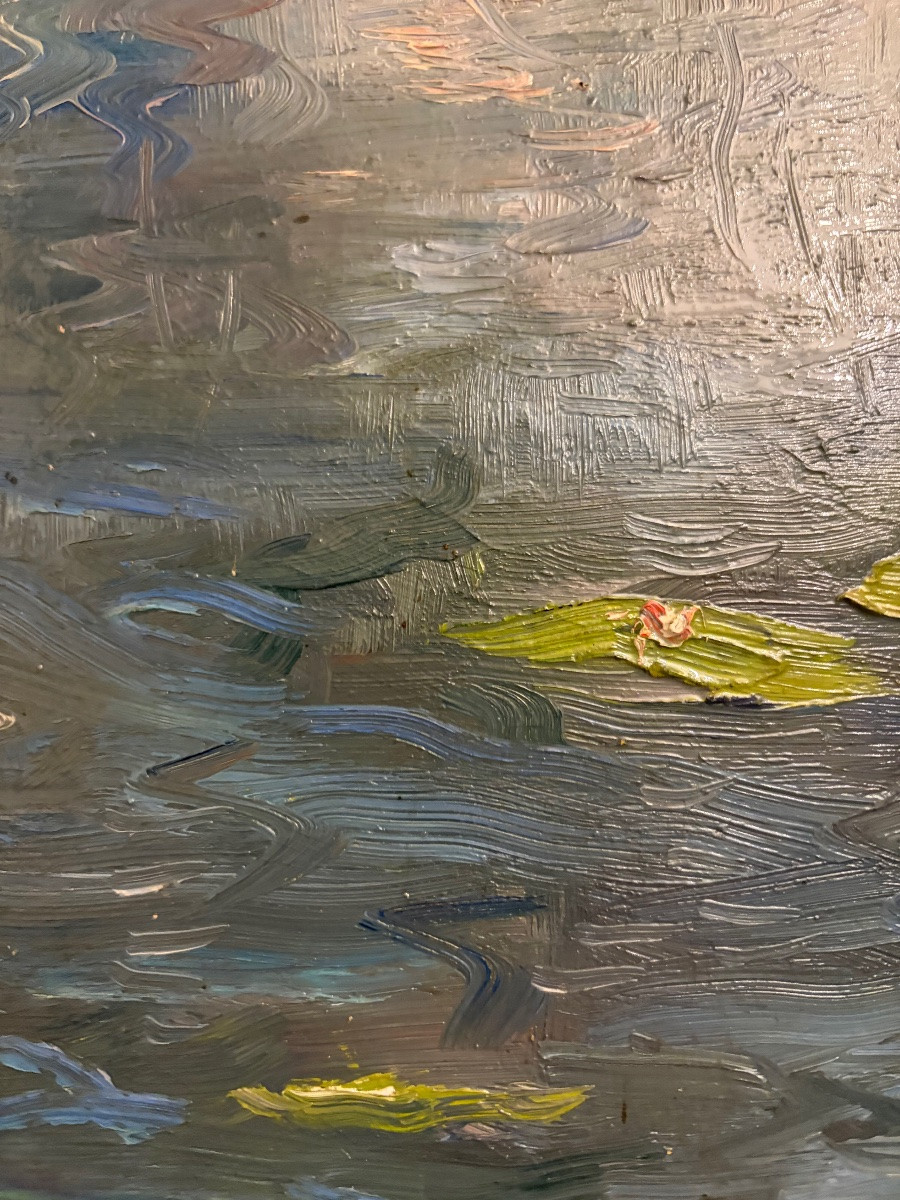 Oil On Wood, Nymphéas, In The Style Of Monet, Late 19th Century.-photo-3