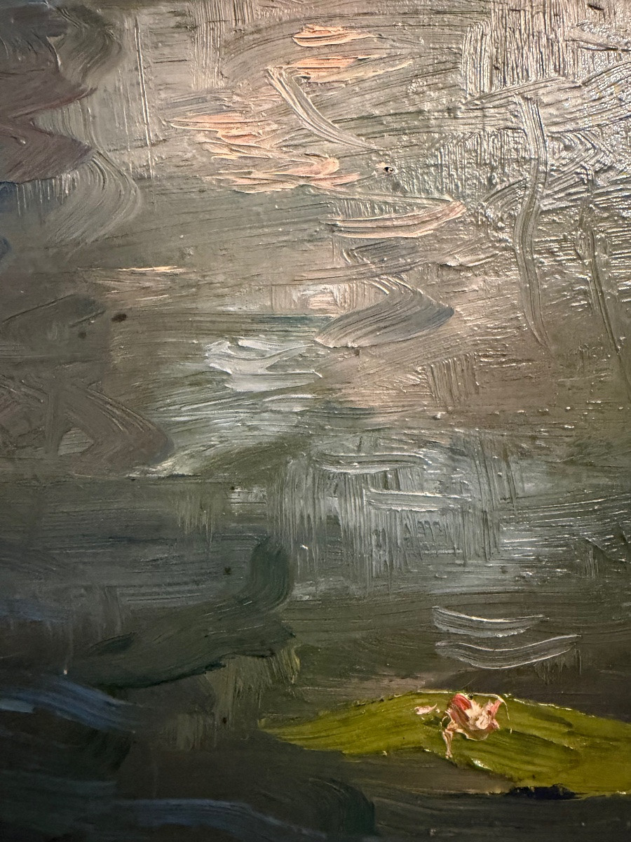 Oil On Wood, Nymphéas, In The Style Of Monet, Late 19th Century.-photo-2