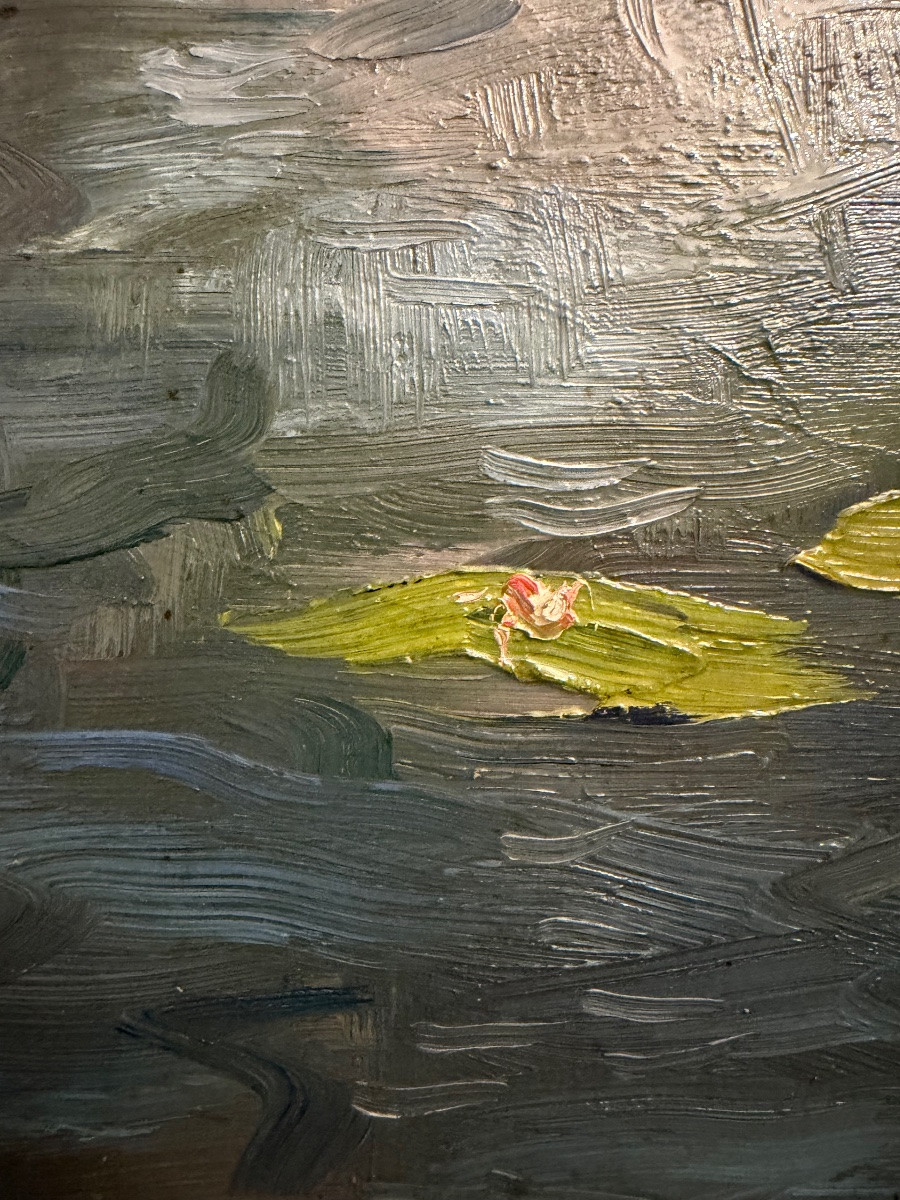 Oil On Wood, Nymphéas, In The Style Of Monet, Late 19th Century.-photo-3