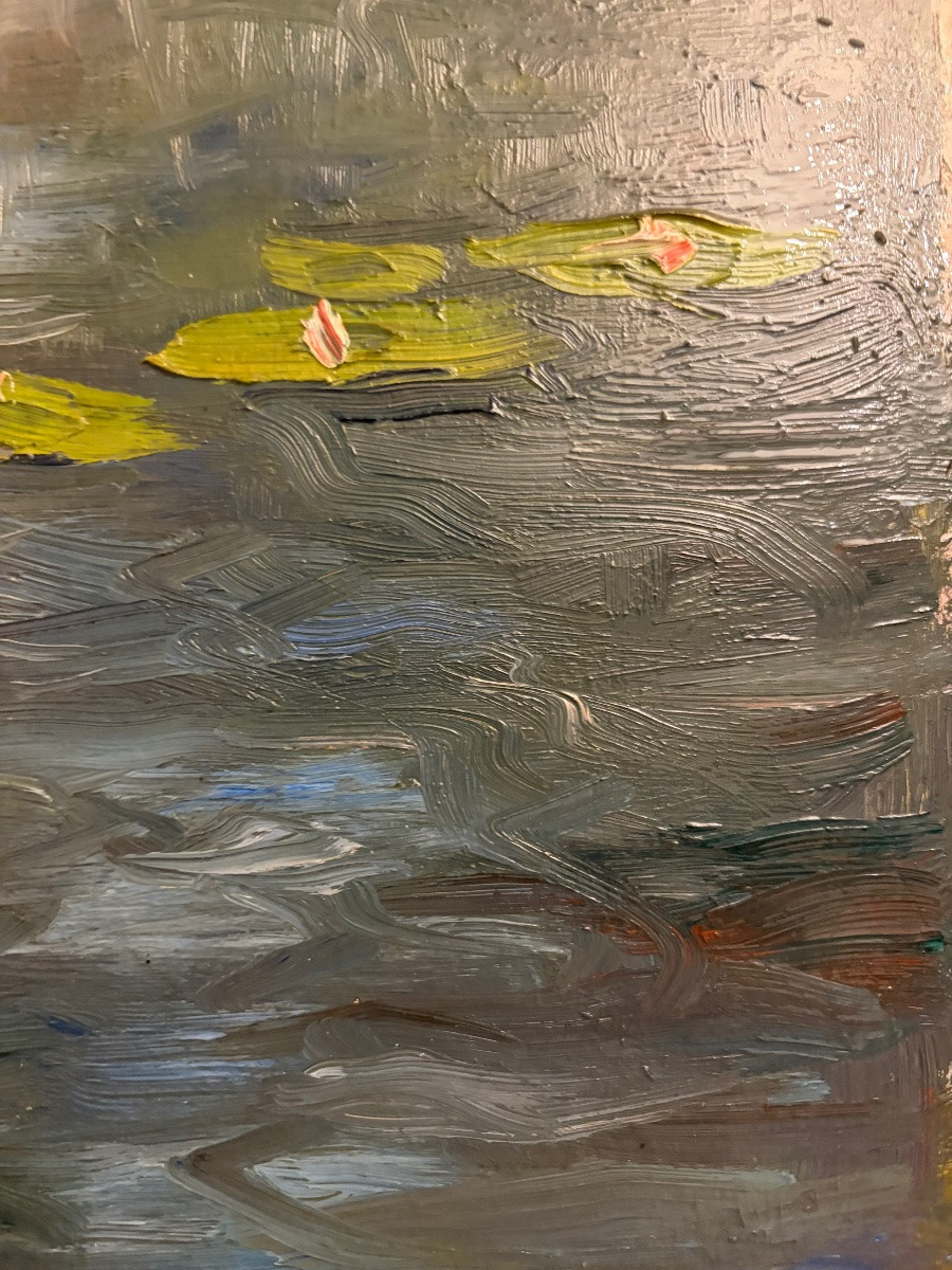 Oil On Wood, Nymphéas, In The Style Of Monet, Late 19th Century.-photo-4