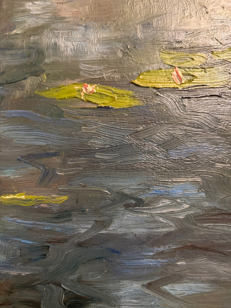 Oil On Wood, Nymphéas, In The Style Of Monet, Late 19th Century.-photo-5