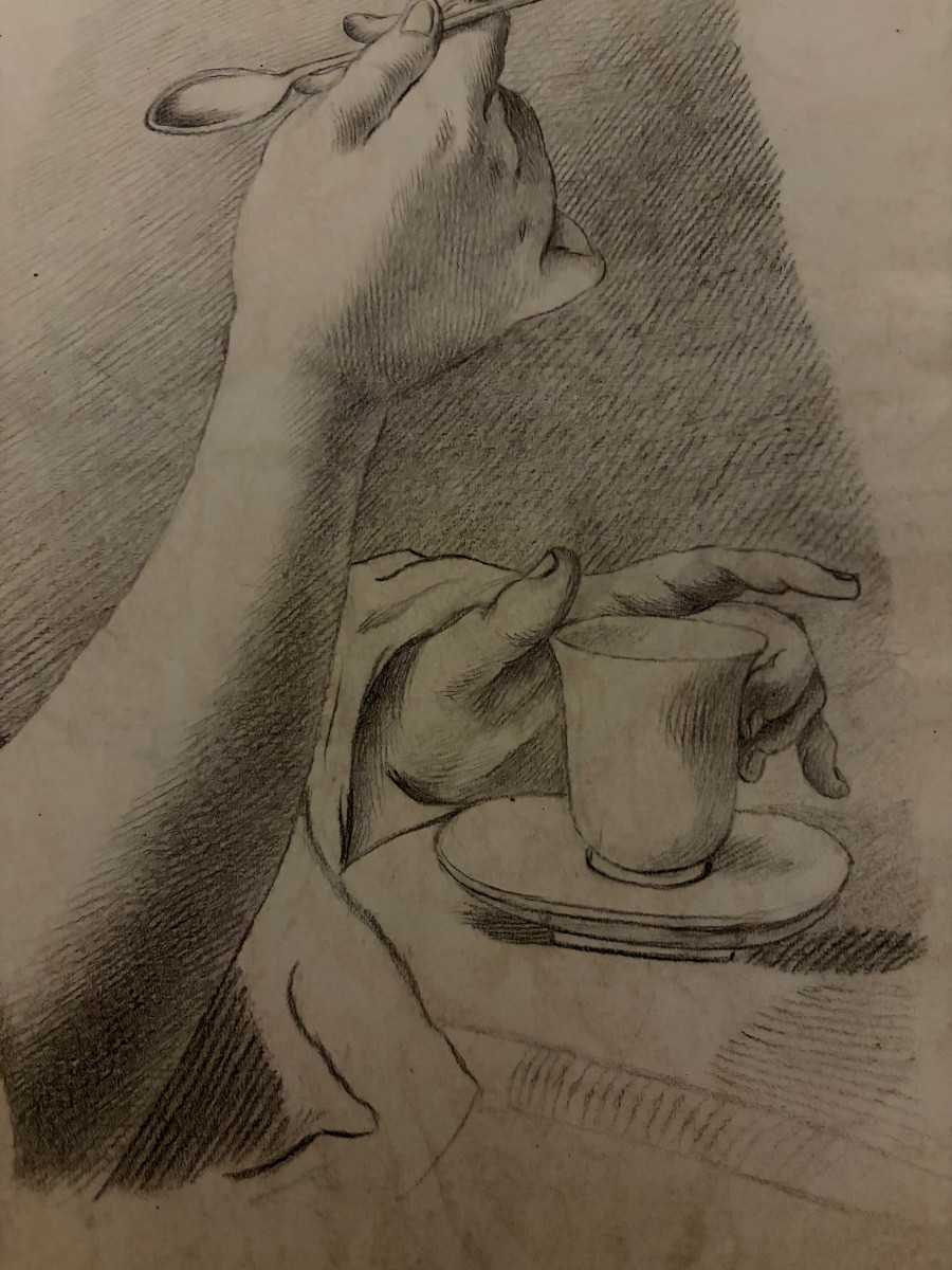 Étude à la pierre noire d’un avant-bras féminin, tenant une tasse de thé. Fin XVIII éme siècle.-photo-2