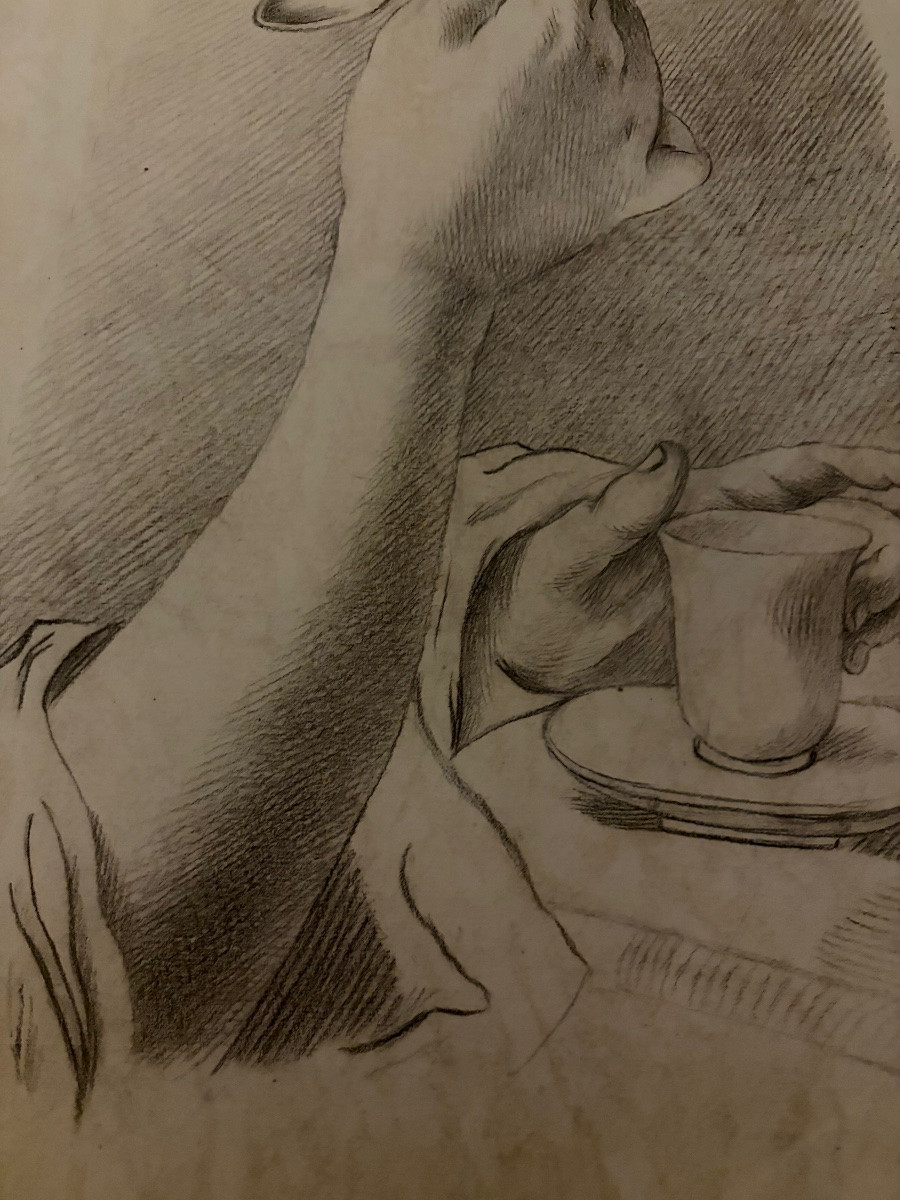 Étude à la pierre noire d’un avant-bras féminin, tenant une tasse de thé. Fin XVIII éme siècle.-photo-3