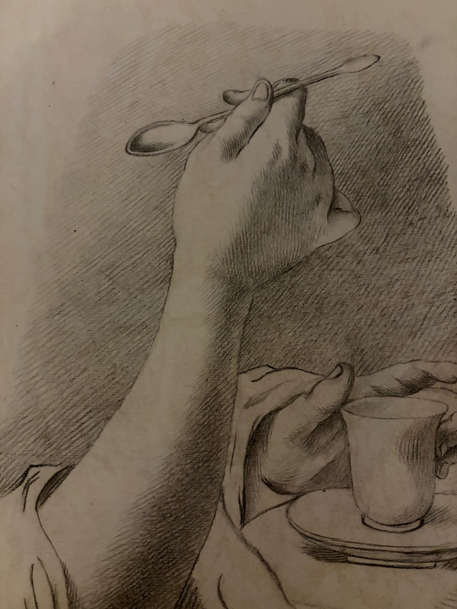 Étude à la pierre noire d’un avant-bras féminin, tenant une tasse de thé. Fin XVIII éme siècle.-photo-4