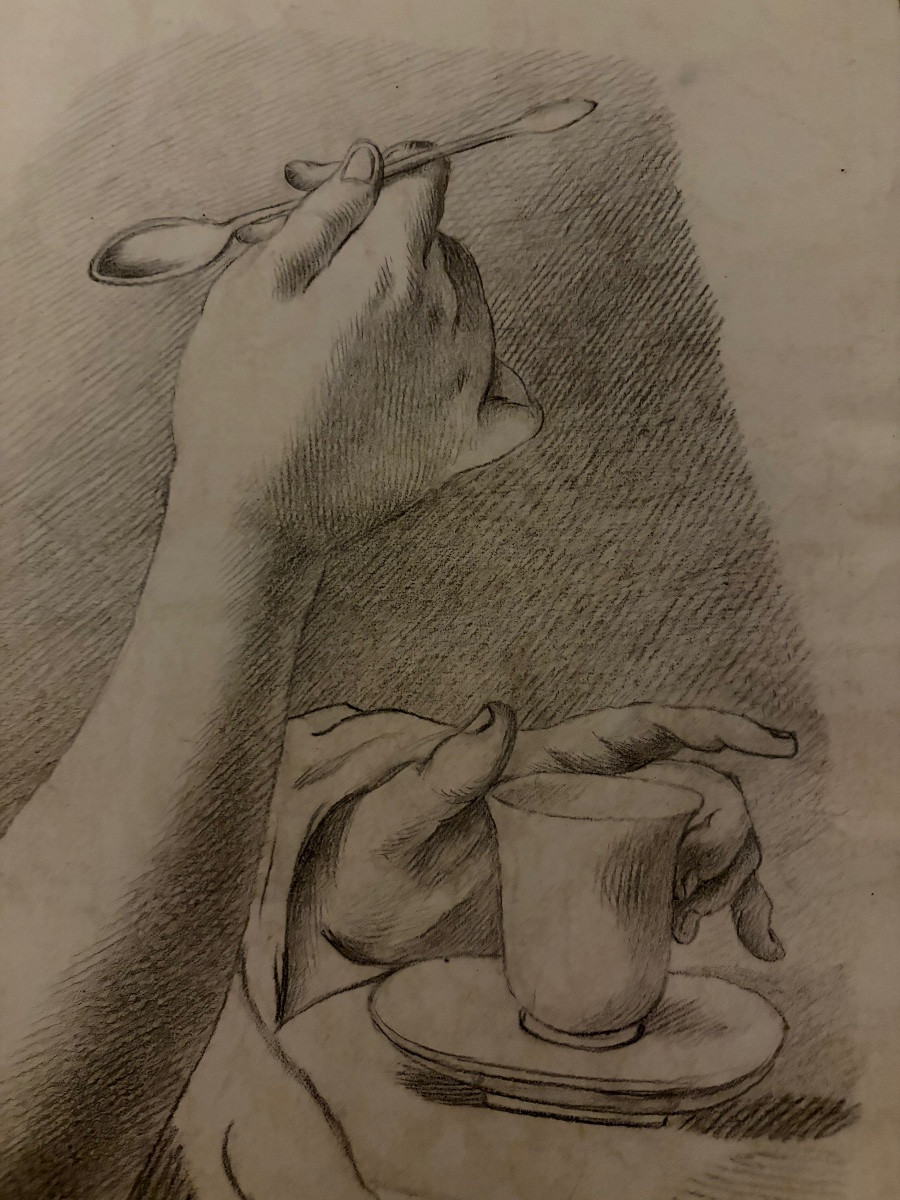 Étude à la pierre noire d’un avant-bras féminin, tenant une tasse de thé. Fin XVIII éme siècle.-photo-1