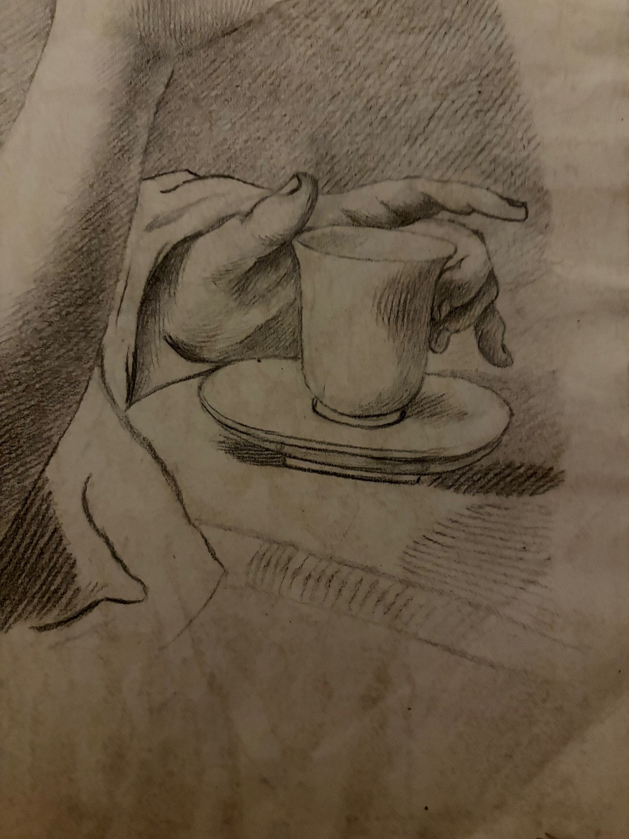 Étude à la pierre noire d’un avant-bras féminin, tenant une tasse de thé. Fin XVIII éme siècle.-photo-2