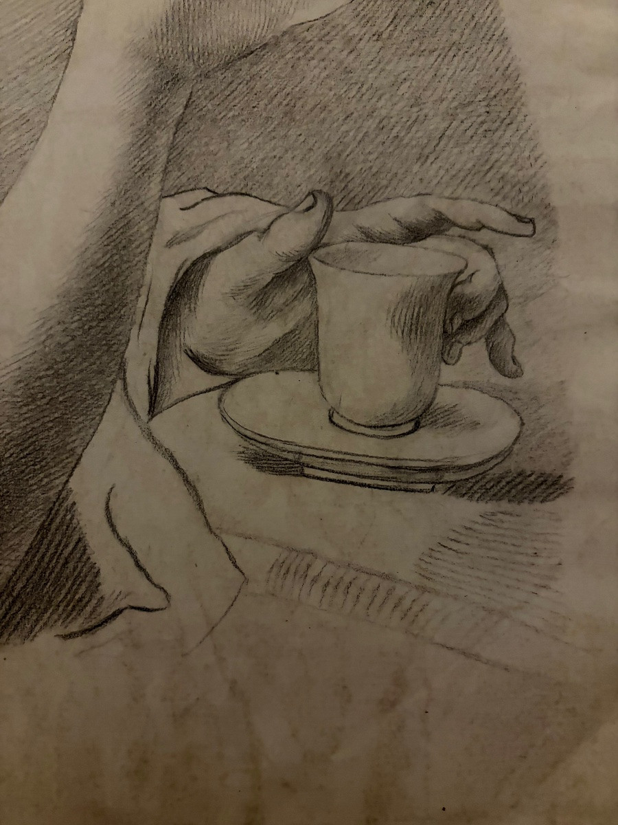 Étude à la pierre noire d’un avant-bras féminin, tenant une tasse de thé. Fin XVIII éme siècle.-photo-3