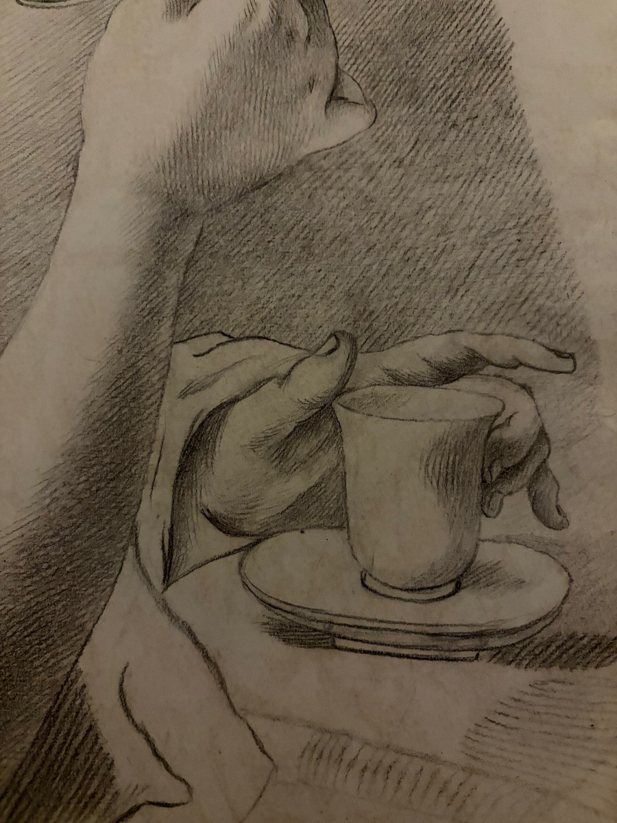 Étude à la pierre noire d’un avant-bras féminin, tenant une tasse de thé. Fin XVIII éme siècle.-photo-4