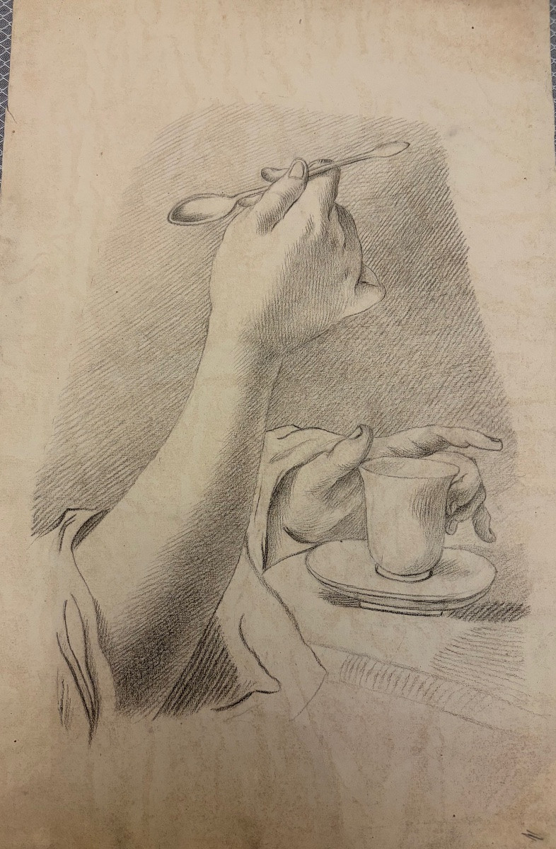 Étude à la pierre noire d’un avant-bras féminin, tenant une tasse de thé. Fin XVIII éme siècle.-photo-7