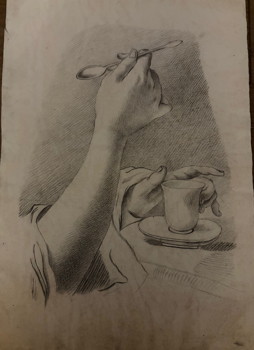 Étude à la pierre noire d’un avant-bras féminin, tenant une tasse de thé. Fin XVIII éme siècle.