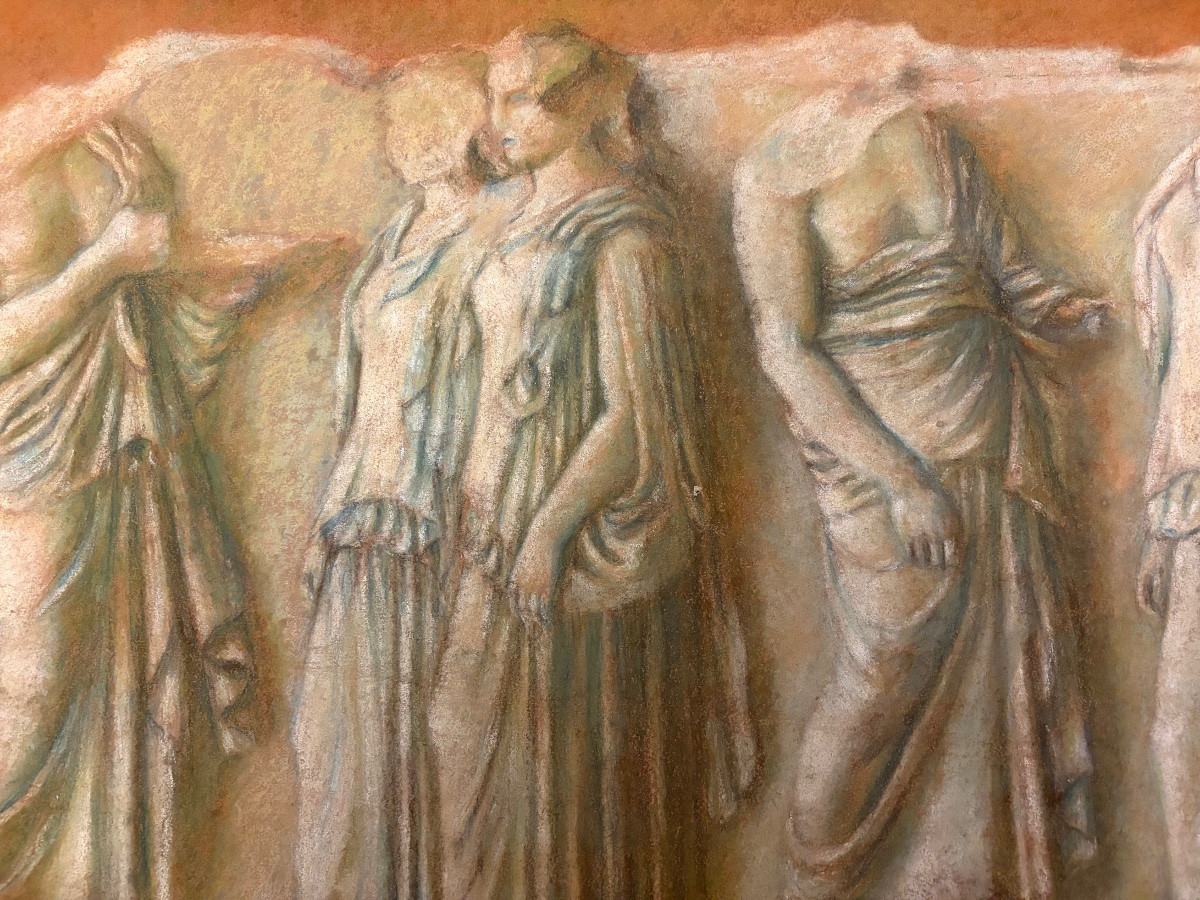 Large Late 19th Century Study Of An Antique Mural Frieze On Dark Buff Paper.-photo-2