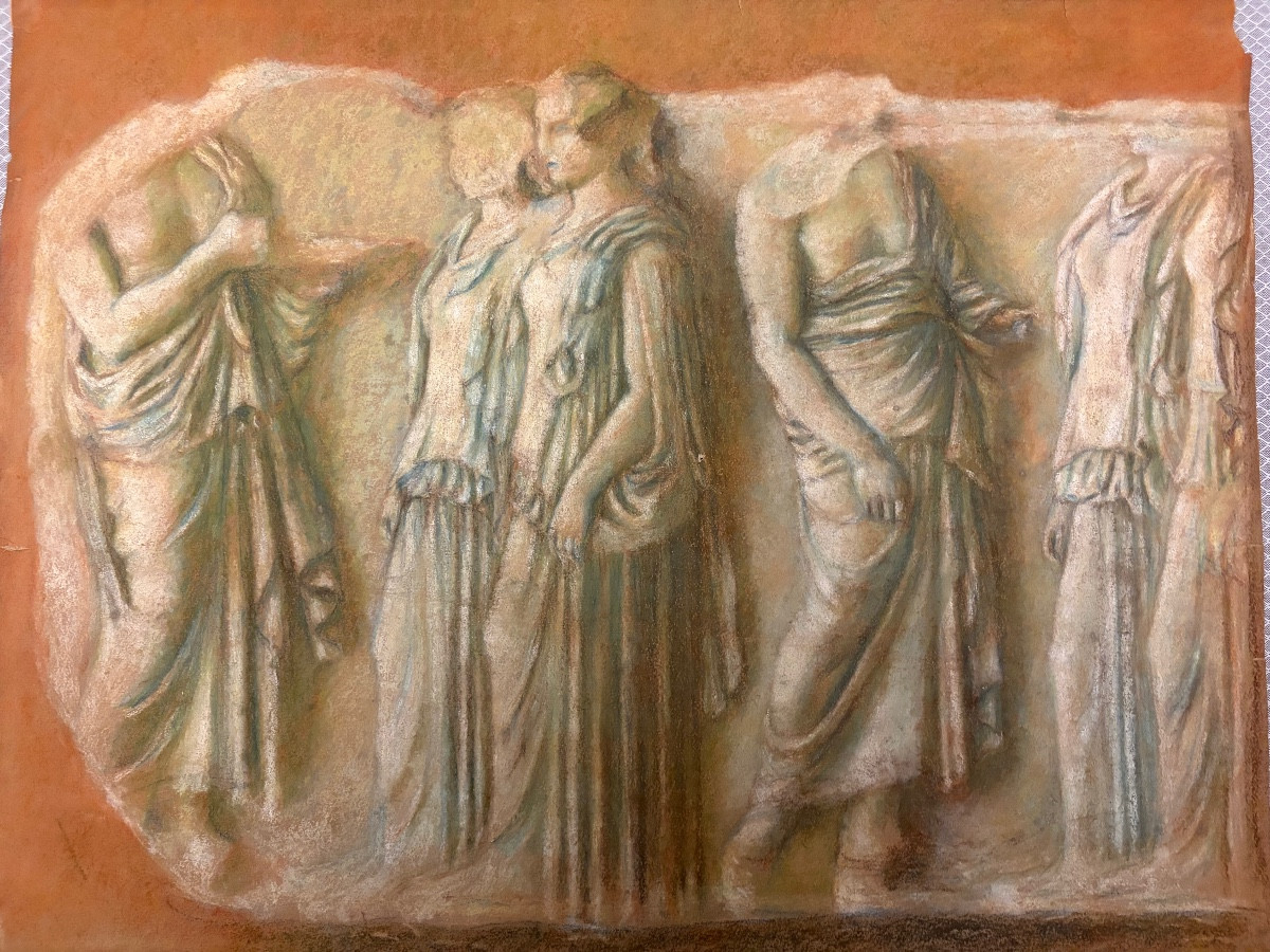 Large Late 19th Century Study Of An Antique Mural Frieze On Dark Buff Paper.