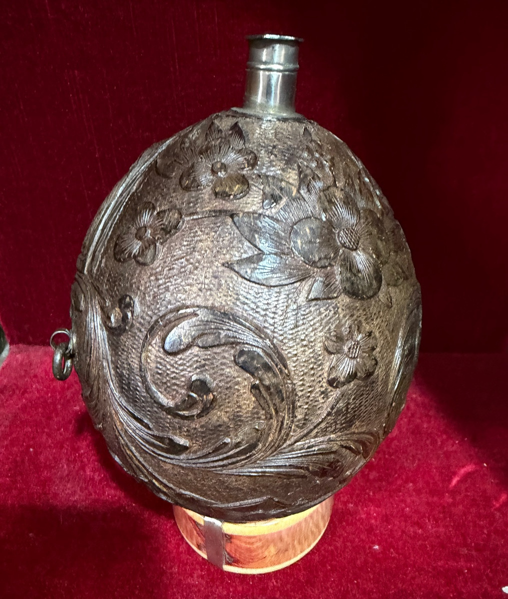 Engraved Coconut, Powder Flask Or Gourd, Silver Stopper, Early 19th Century.