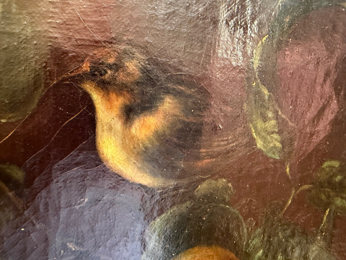 Huile sur toile, pyramide de fruits sur un plateau, avec un oiseau, fin 18 eme, début 19 eme.-photo-3