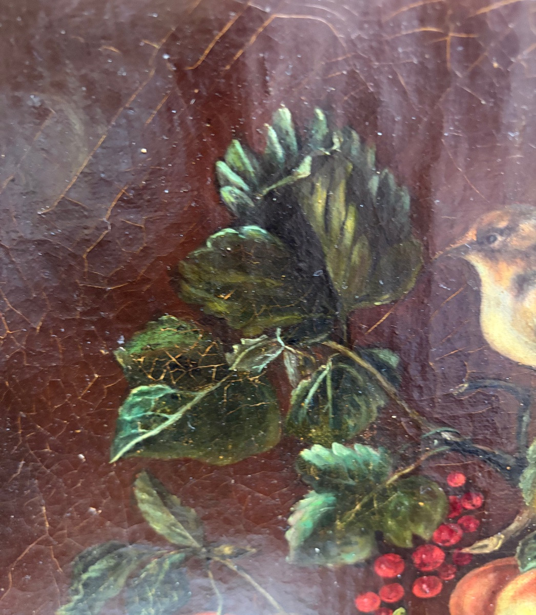 Huile sur toile, pyramide de fruits sur un plateau, avec un oiseau, fin 18 eme, début 19 eme.-photo-5