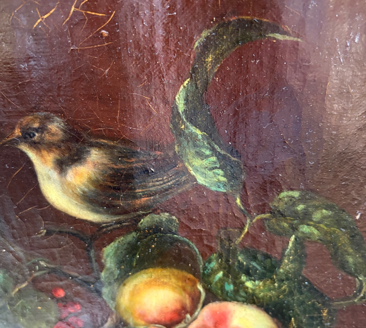 Huile sur toile, pyramide de fruits sur un plateau, avec un oiseau, fin 18 eme, début 19 eme.-photo-6