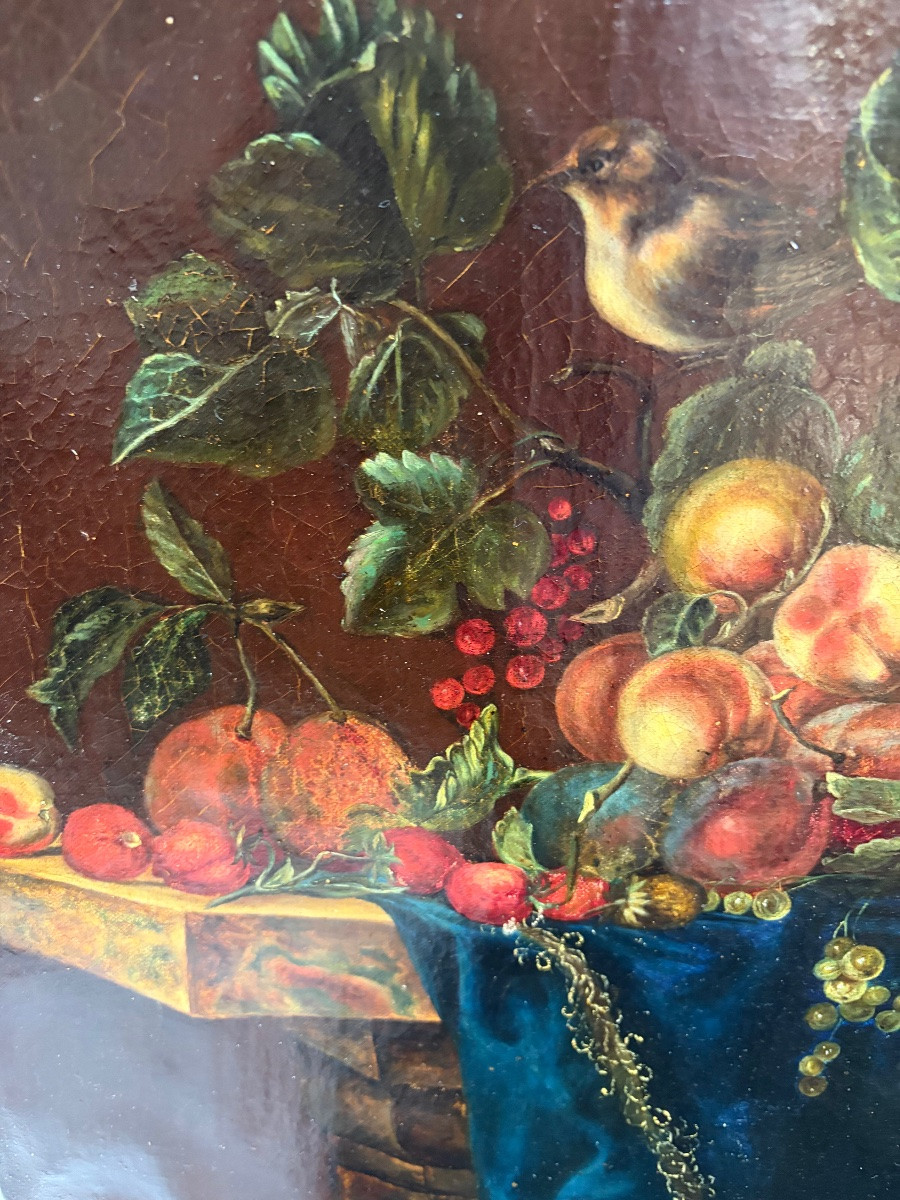 Huile sur toile, pyramide de fruits sur un plateau, avec un oiseau, fin 18 eme, début 19 eme.-photo-7