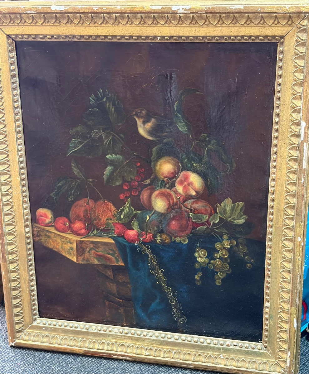 Huile sur toile, pyramide de fruits sur un plateau, avec un oiseau, fin 18 eme, début 19 eme.-photo-8