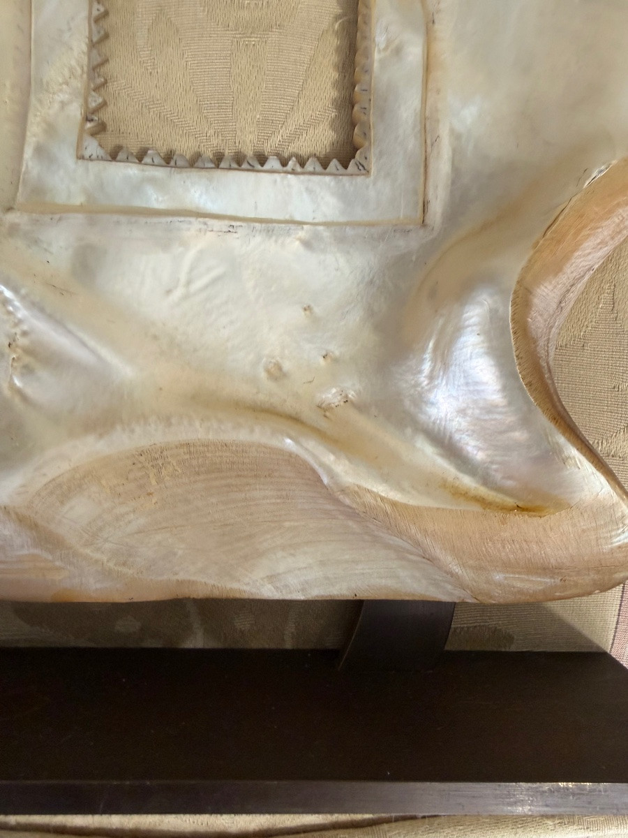Grand coquillage de nacre, repercé d’une petite fenêtre aux bords dentelés, cadre à photos. -photo-4