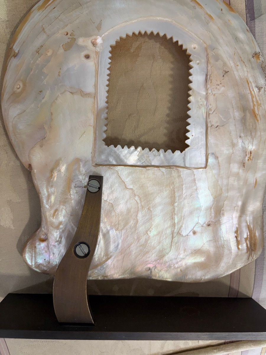 Grand coquillage de nacre, repercé d’une petite fenêtre aux bords dentelés, cadre à photos. -photo-8