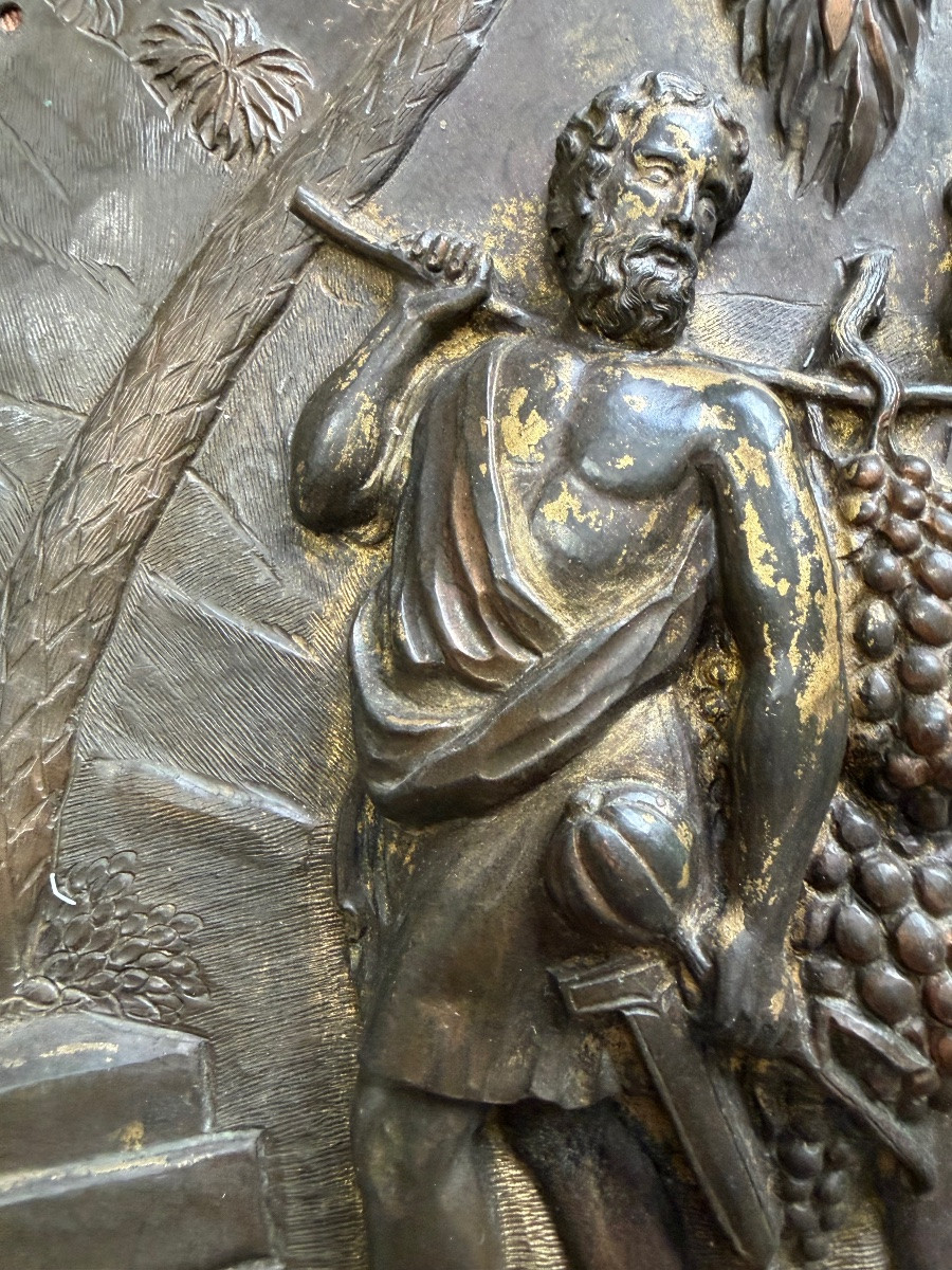 Large Bronze Plaque Depicting The Harvest Of Grapes In The Land Of Canaan. 17th Century.-photo-4
