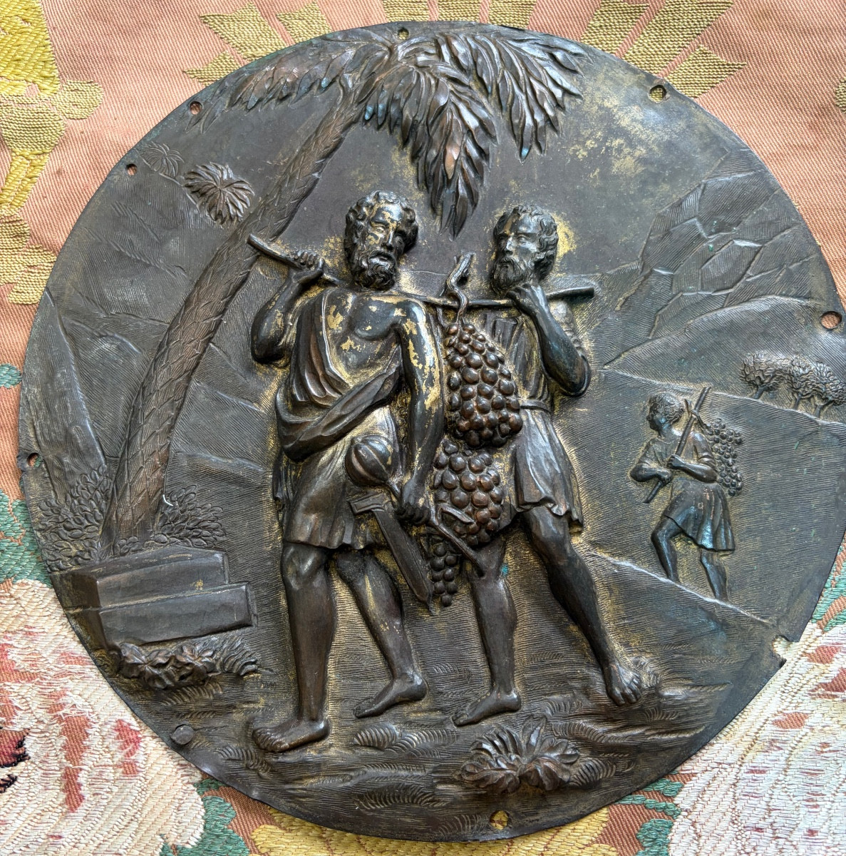 Large Bronze Plaque Depicting The Harvest Of Grapes In The Land Of Canaan. 17th Century.