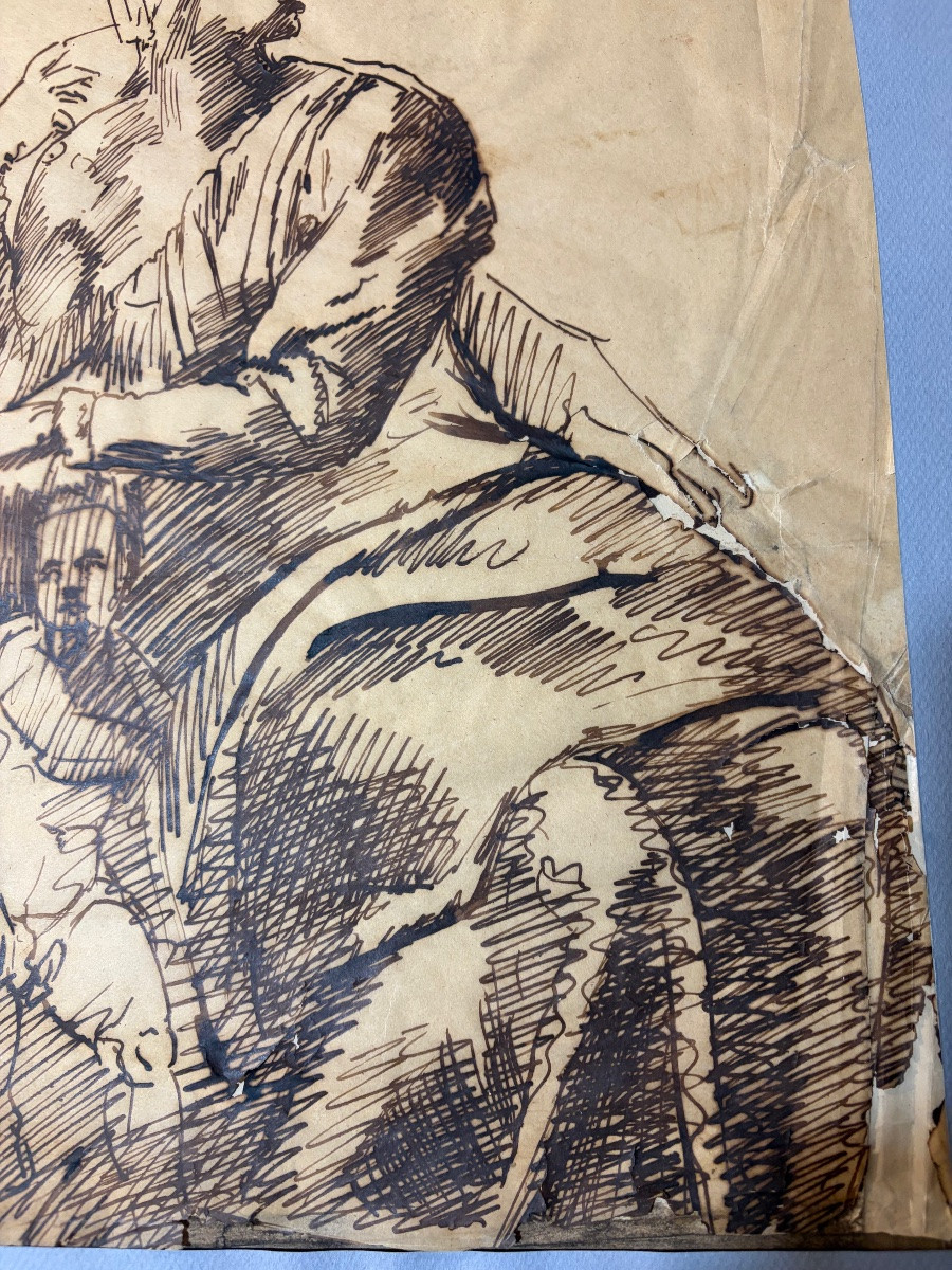 Grand dessin, encre brune sur papier calque, d’après Michel-Ange, étude pour le prophète Isaïe.-photo-2