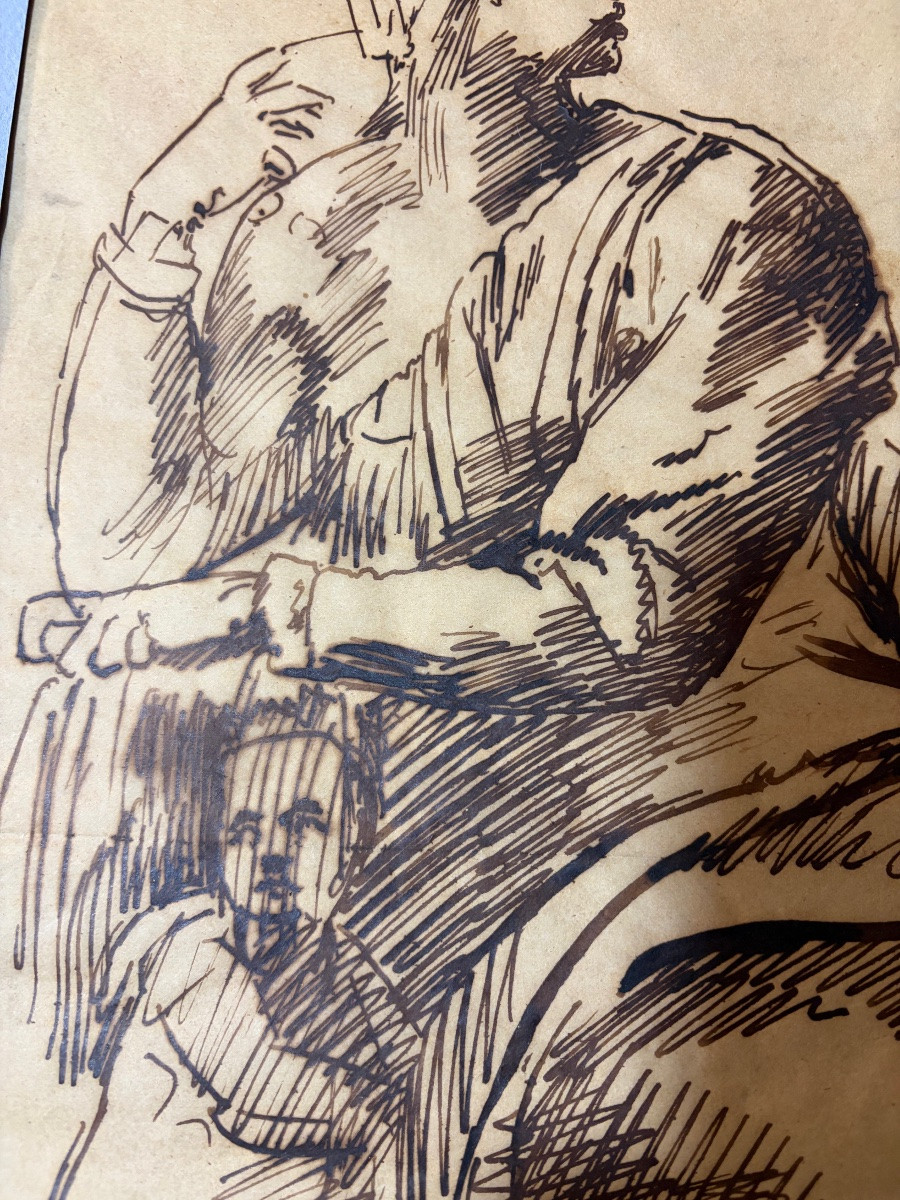 Grand dessin, encre brune sur papier calque, d’après Michel-Ange, étude pour le prophète Isaïe.-photo-4