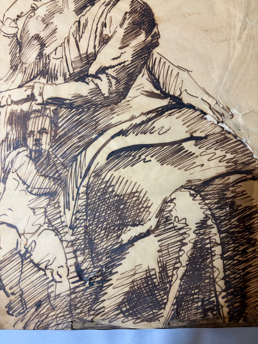Grand dessin, encre brune sur papier calque, d’après Michel-Ange, étude pour le prophète Isaïe.-photo-2