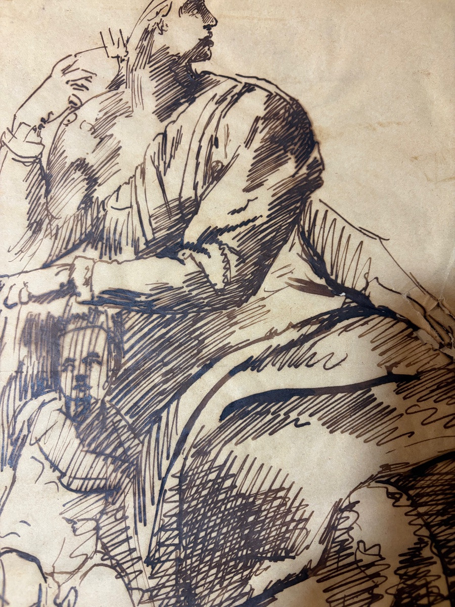 Grand dessin, encre brune sur papier calque, d’après Michel-Ange, étude pour le prophète Isaïe.-photo-3