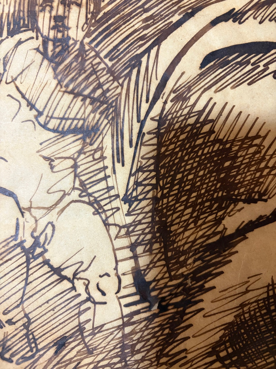 Grand dessin, encre brune sur papier calque, d’après Michel-Ange, étude pour le prophète Isaïe.-photo-6