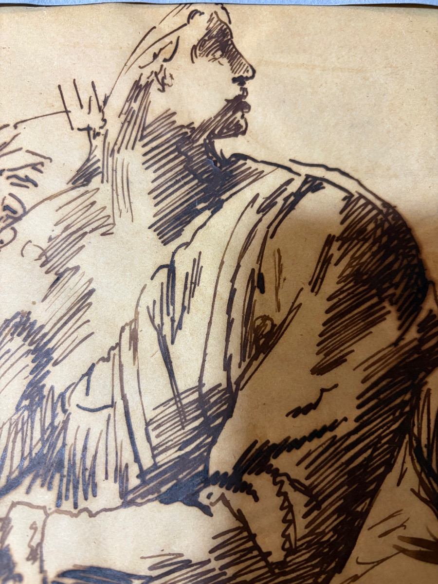 Grand dessin, encre brune sur papier calque, d’après Michel-Ange, étude pour le prophète Isaïe.-photo-7