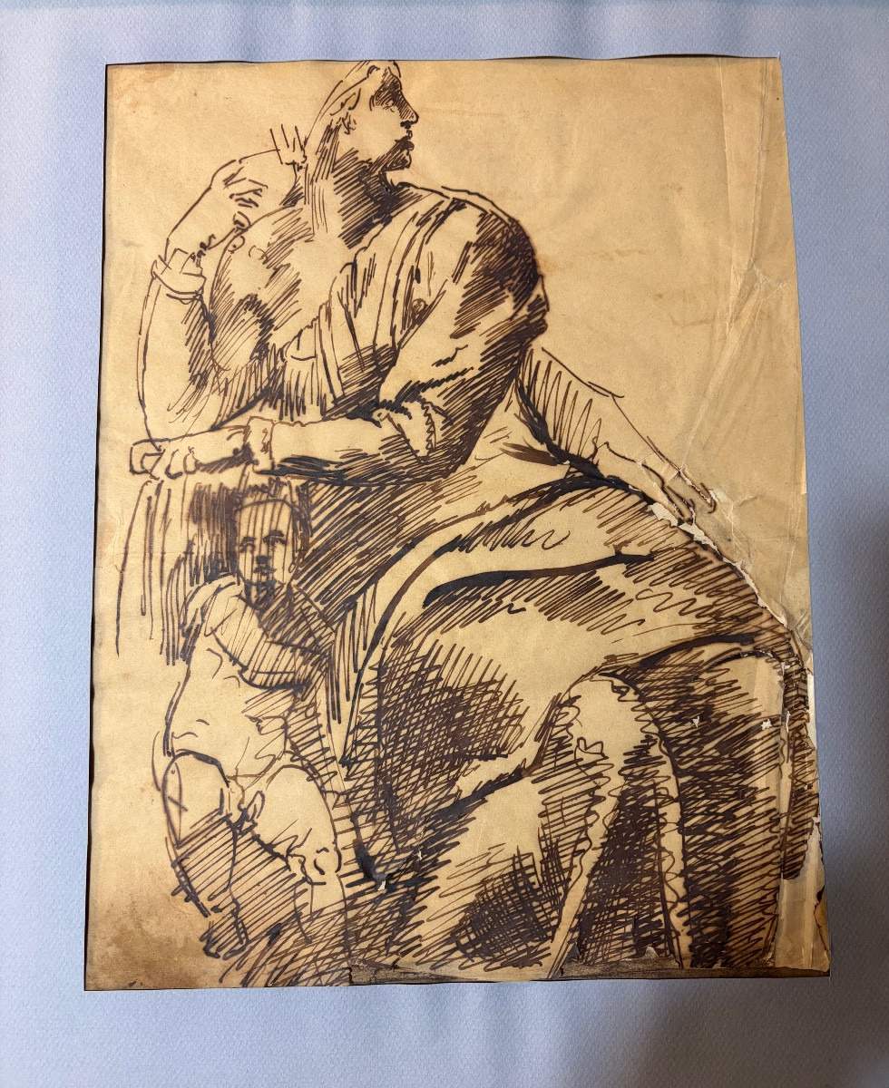 Grand dessin, encre brune sur papier calque, d’après Michel-Ange, étude pour le prophète Isaïe.
