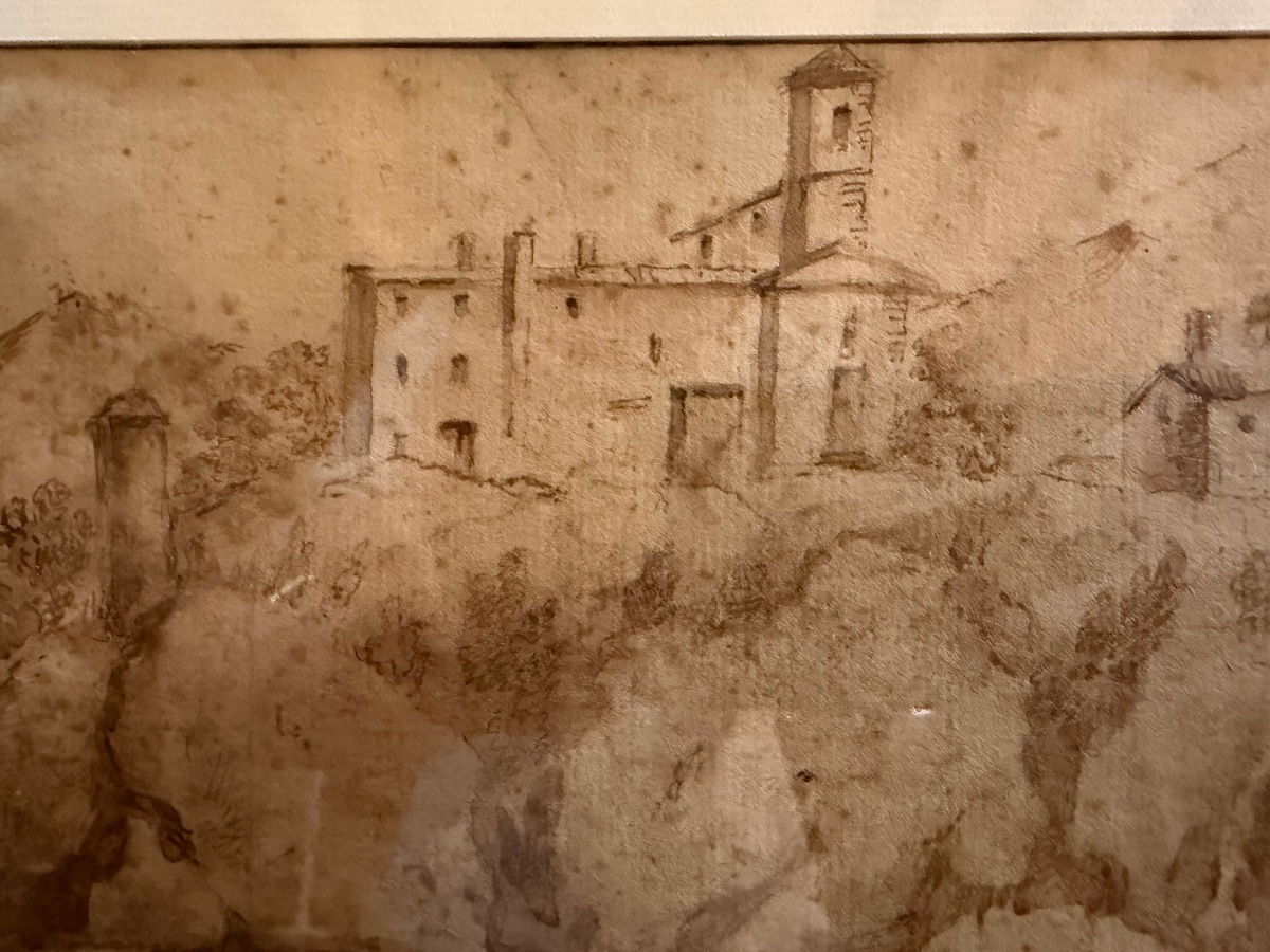 Dessin italien à la plume, une maison forte sur une élévation. Italie, XVIII éme siècle. -photo-3