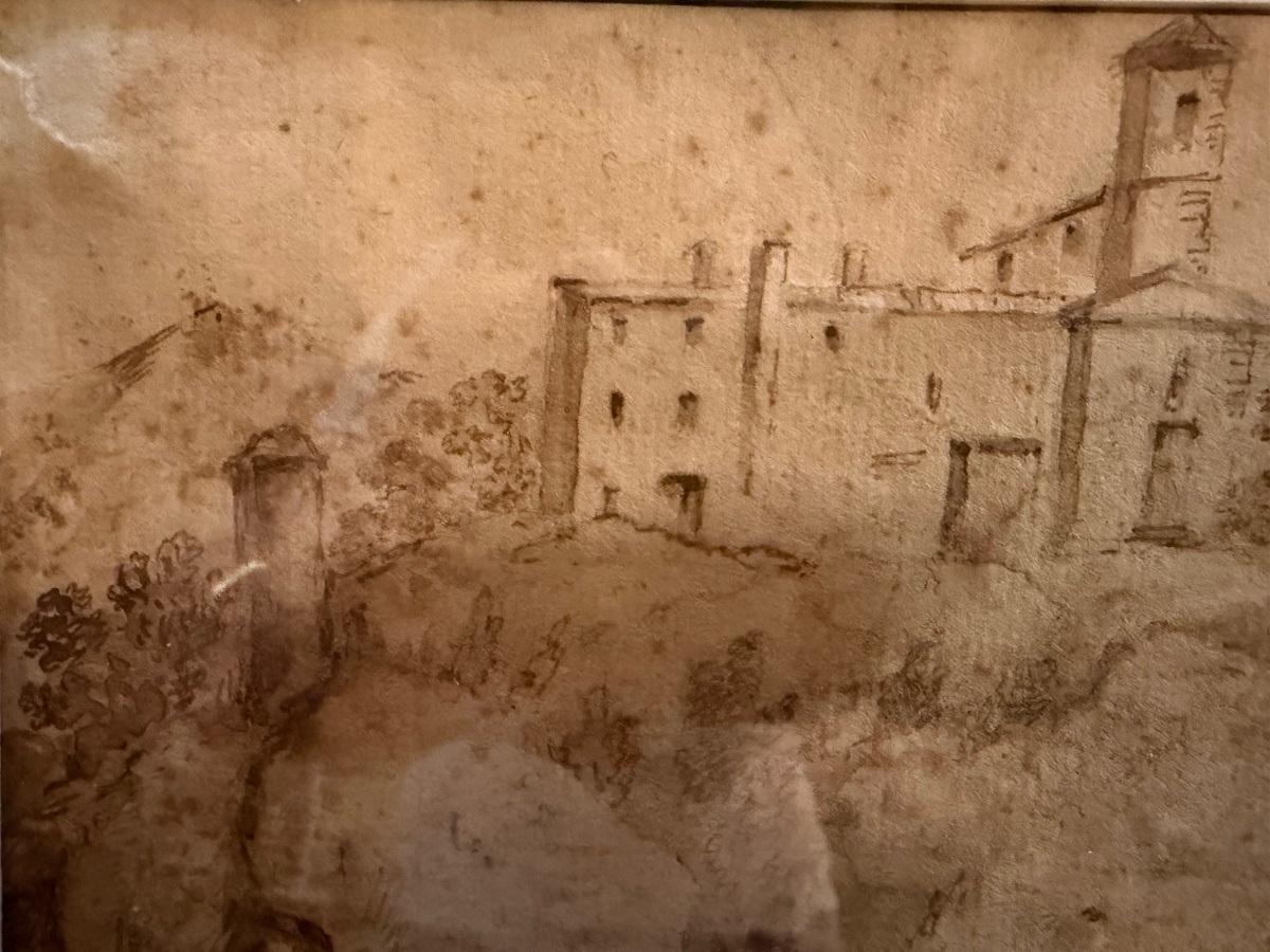 Dessin italien à la plume, une maison forte sur une élévation. Italie, XVIII éme siècle. -photo-4