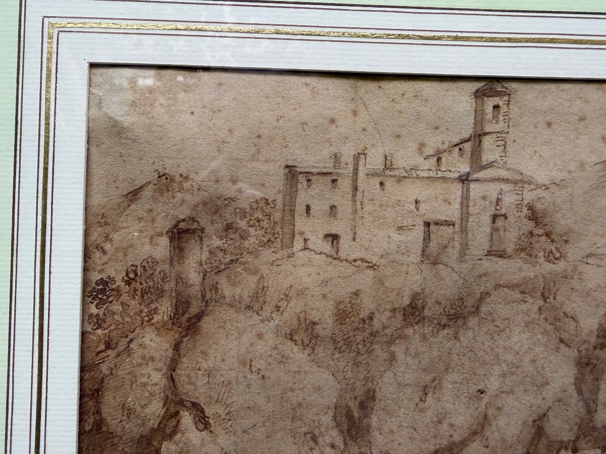 Dessin italien à la plume, une maison forte sur une élévation. Italie, XVIII éme siècle. -photo-1
