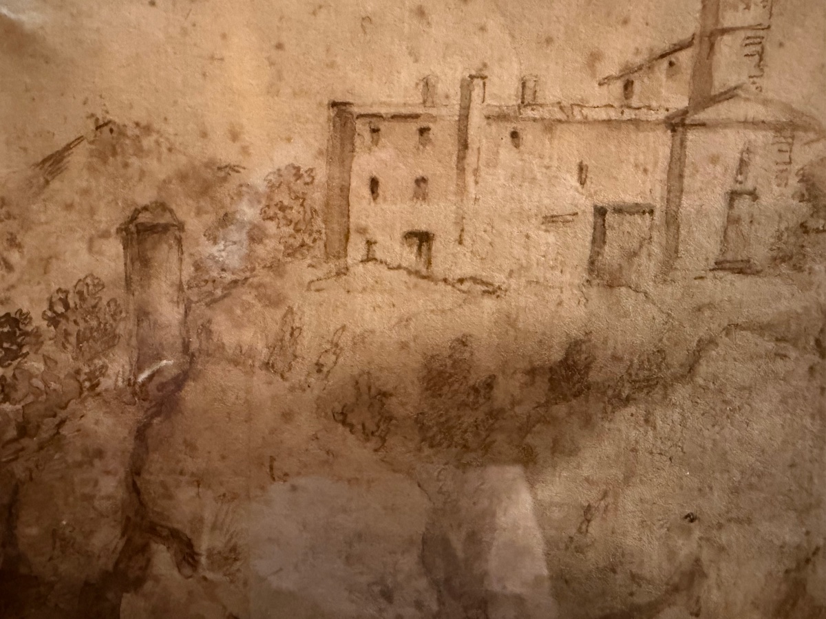 Dessin italien à la plume, une maison forte sur une élévation. Italie, XVIII éme siècle. -photo-2