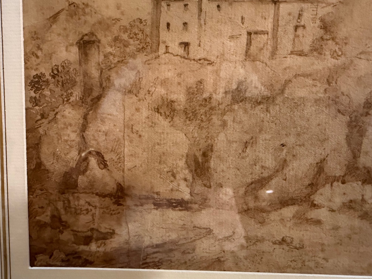 Dessin italien à la plume, une maison forte sur une élévation. Italie, XVIII éme siècle. -photo-3