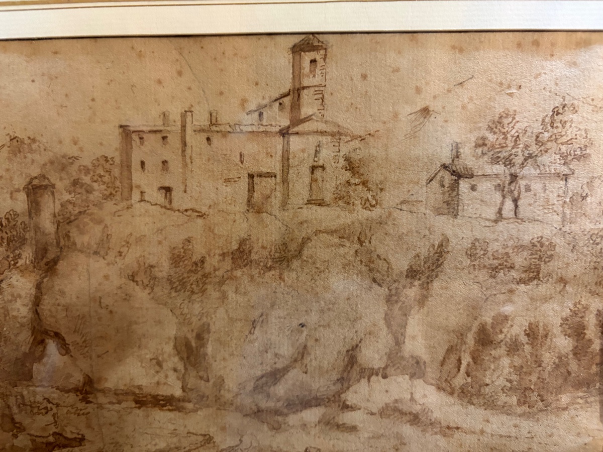 Dessin italien à la plume, une maison forte sur une élévation. Italie, XVIII éme siècle. -photo-4