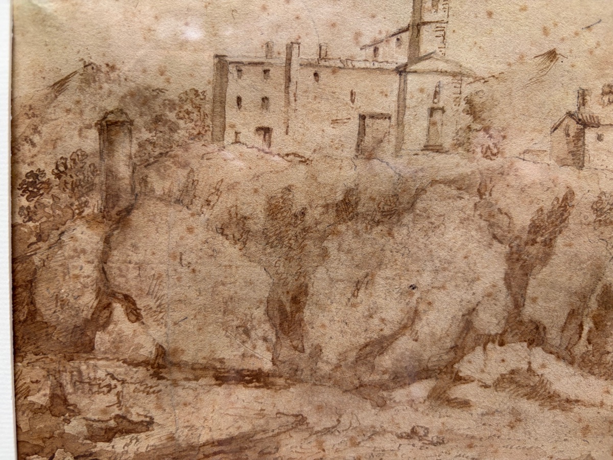 Dessin italien à la plume, une maison forte sur une élévation. Italie, XVIII éme siècle. -photo-5