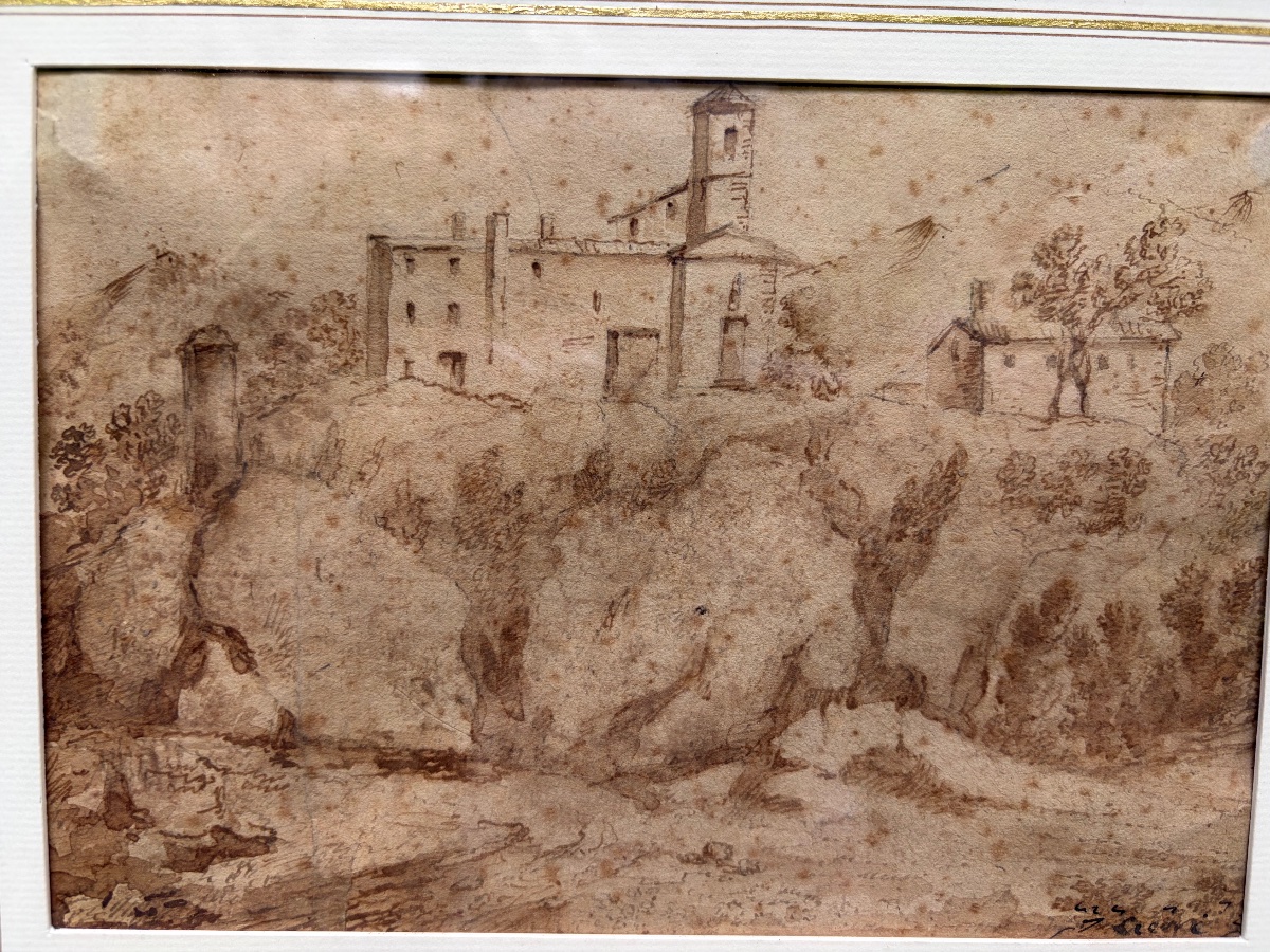 Dessin italien à la plume, une maison forte sur une élévation. Italie, XVIII éme siècle. -photo-6
