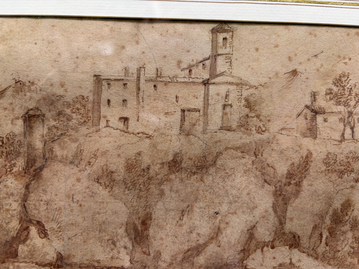 Dessin italien à la plume, une maison forte sur une élévation. Italie, XVIII éme siècle. -photo-7