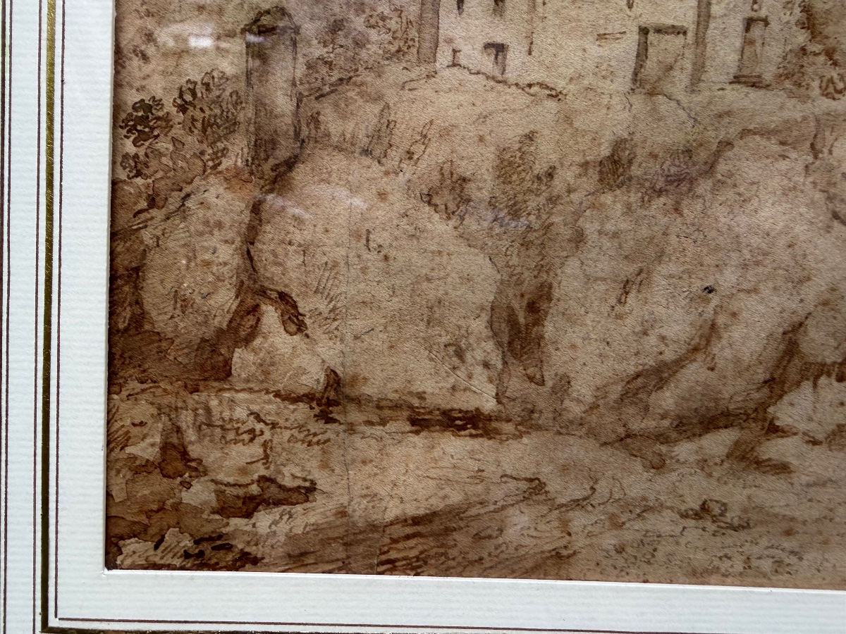 Dessin italien à la plume, une maison forte sur une élévation. Italie, XVIII éme siècle. -photo-8