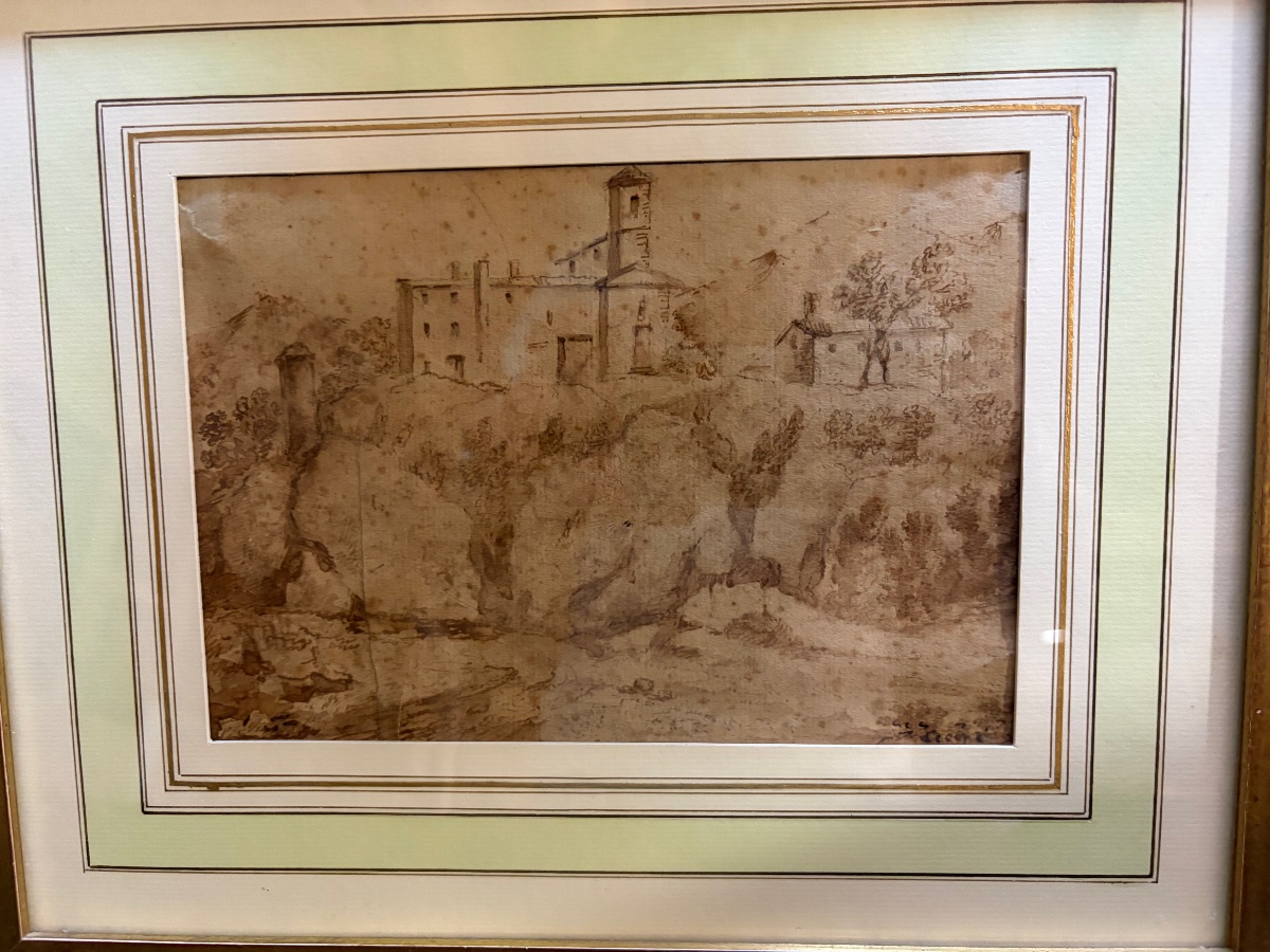 Dessin italien à la plume, une maison forte sur une élévation. Italie, XVIII éme siècle. 