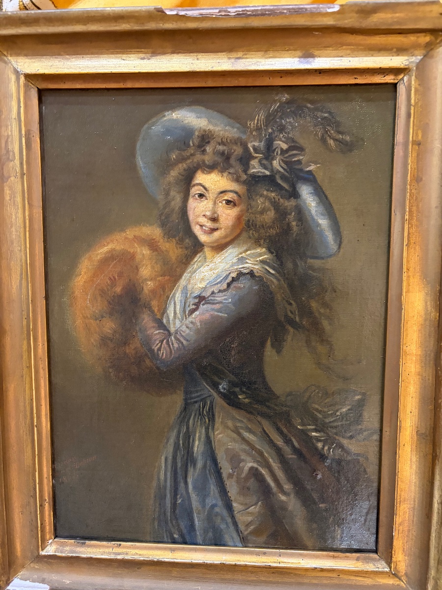 Oil On Canvas, Early 19th Century, Young Girl With Fur Muff, After Mme Vigée Lebrun