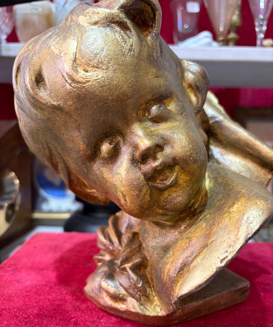 Plaster Head Of A Putto, In The 18th Century Style, Golden Patina. 20th Century.-photo-2
