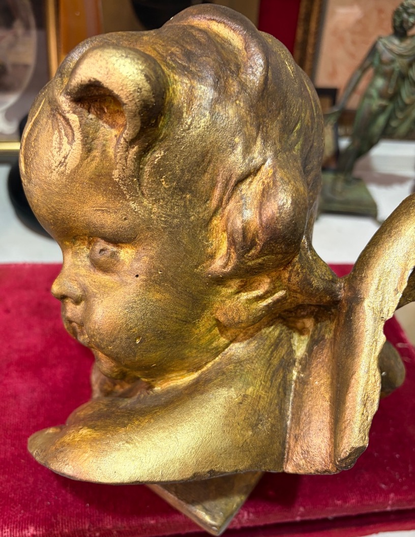 Plaster Head Of A Putto, In The 18th Century Style, Golden Patina. 20th Century.-photo-4