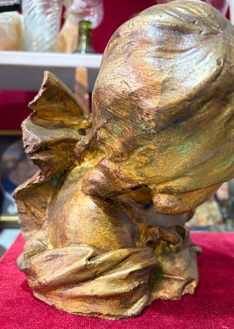 Plaster Head Of A Putto, In The 18th Century Style, Golden Patina. 20th Century.-photo-1